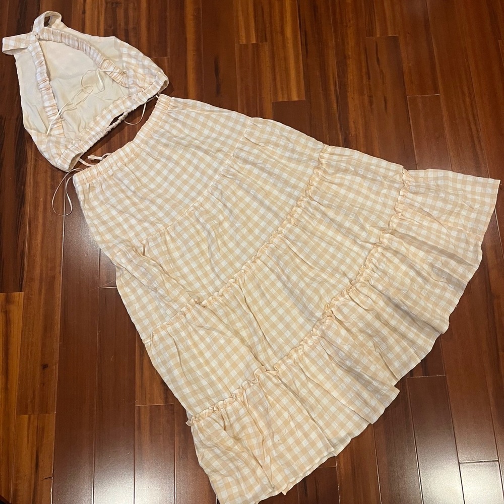 Gingham Skirt Top Set Light Beige Crop Halter Crossback Maxi Tier Cottagecore M - Picture 3 of 11